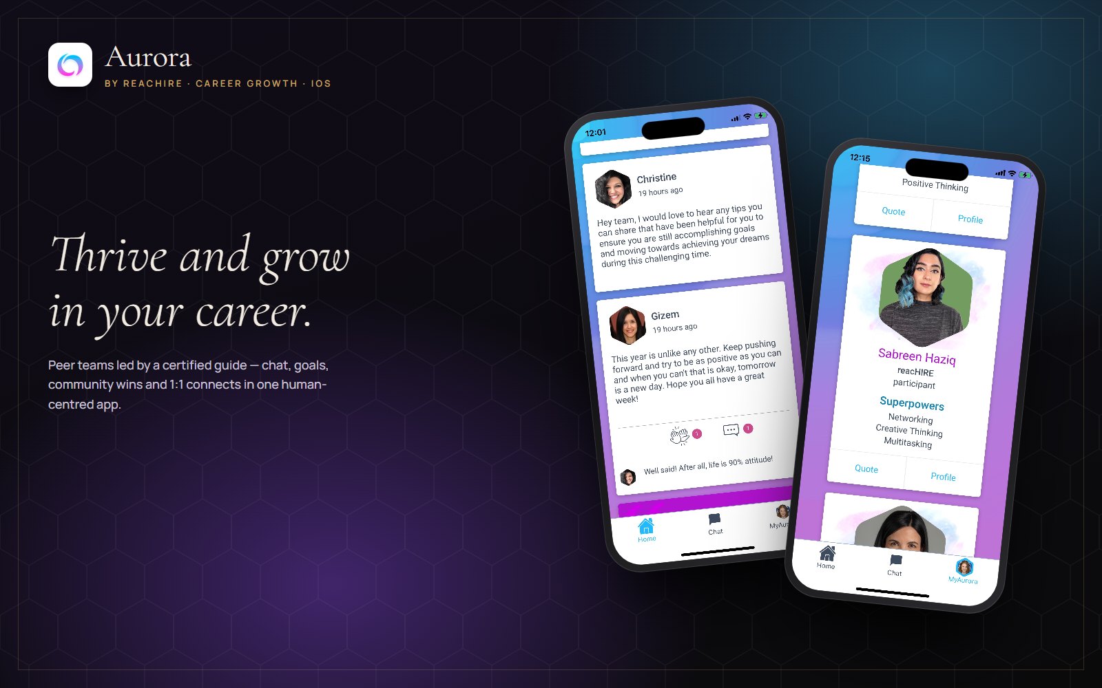 Aurora by reacHIRE app: community feed and member profile screens