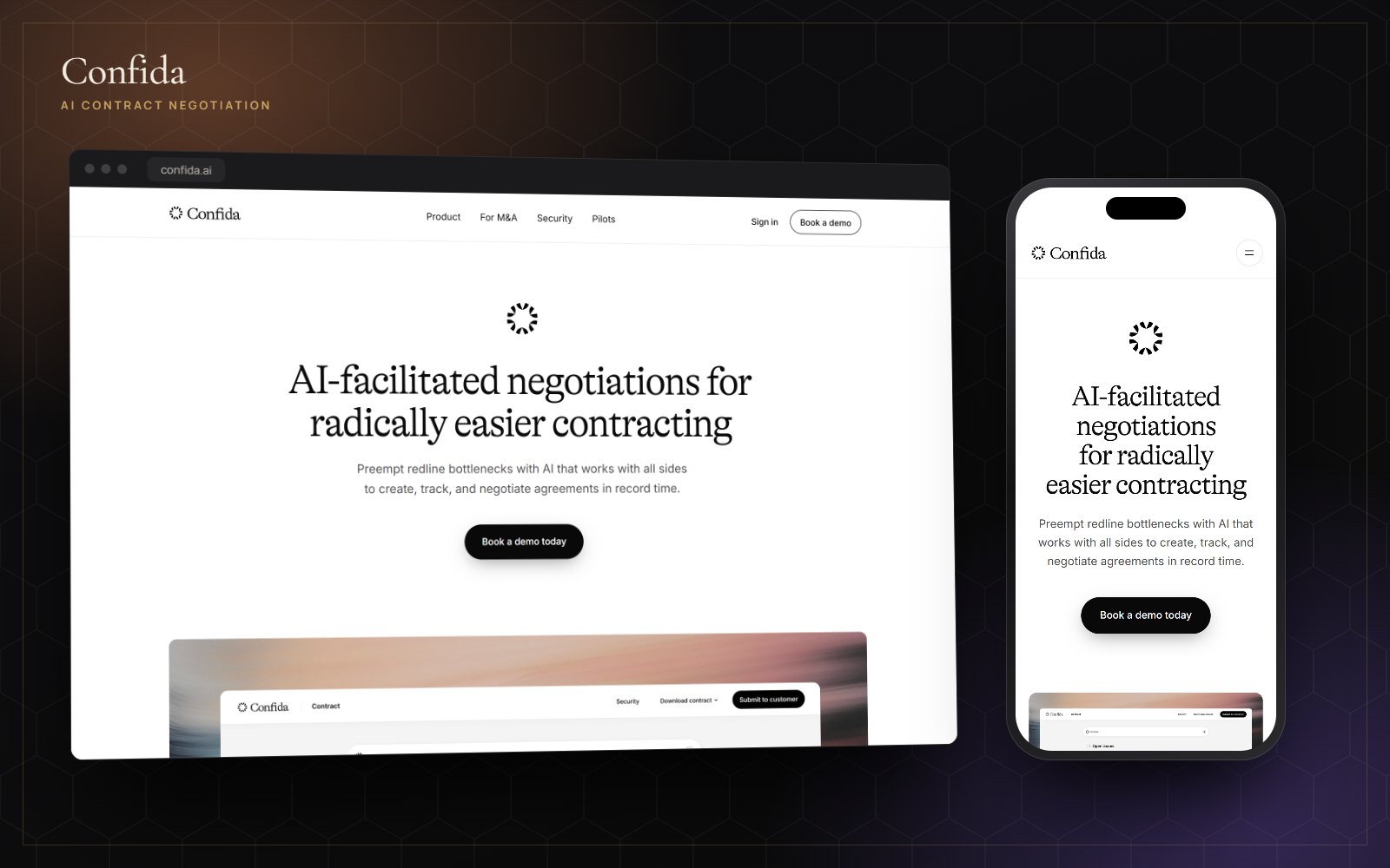 Confida website on desktop and mobile: AI-facilitated negotiations for radically easier contracting