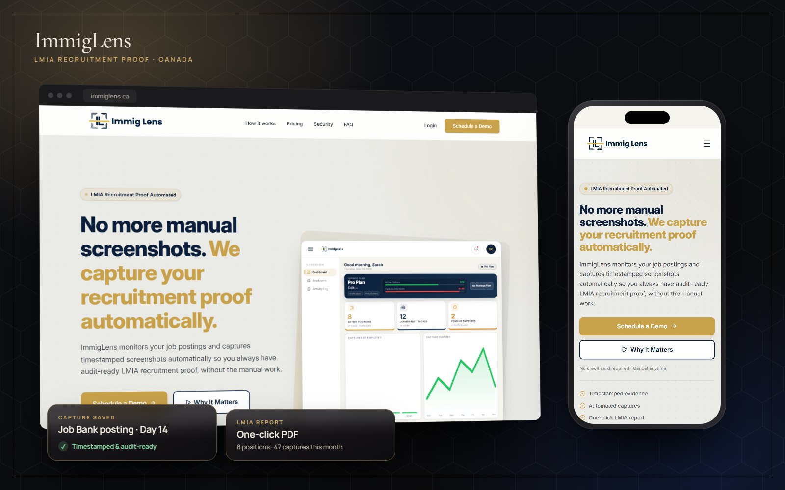 ImmigLens website on desktop and mobile: LMIA recruitment proof captured automatically
