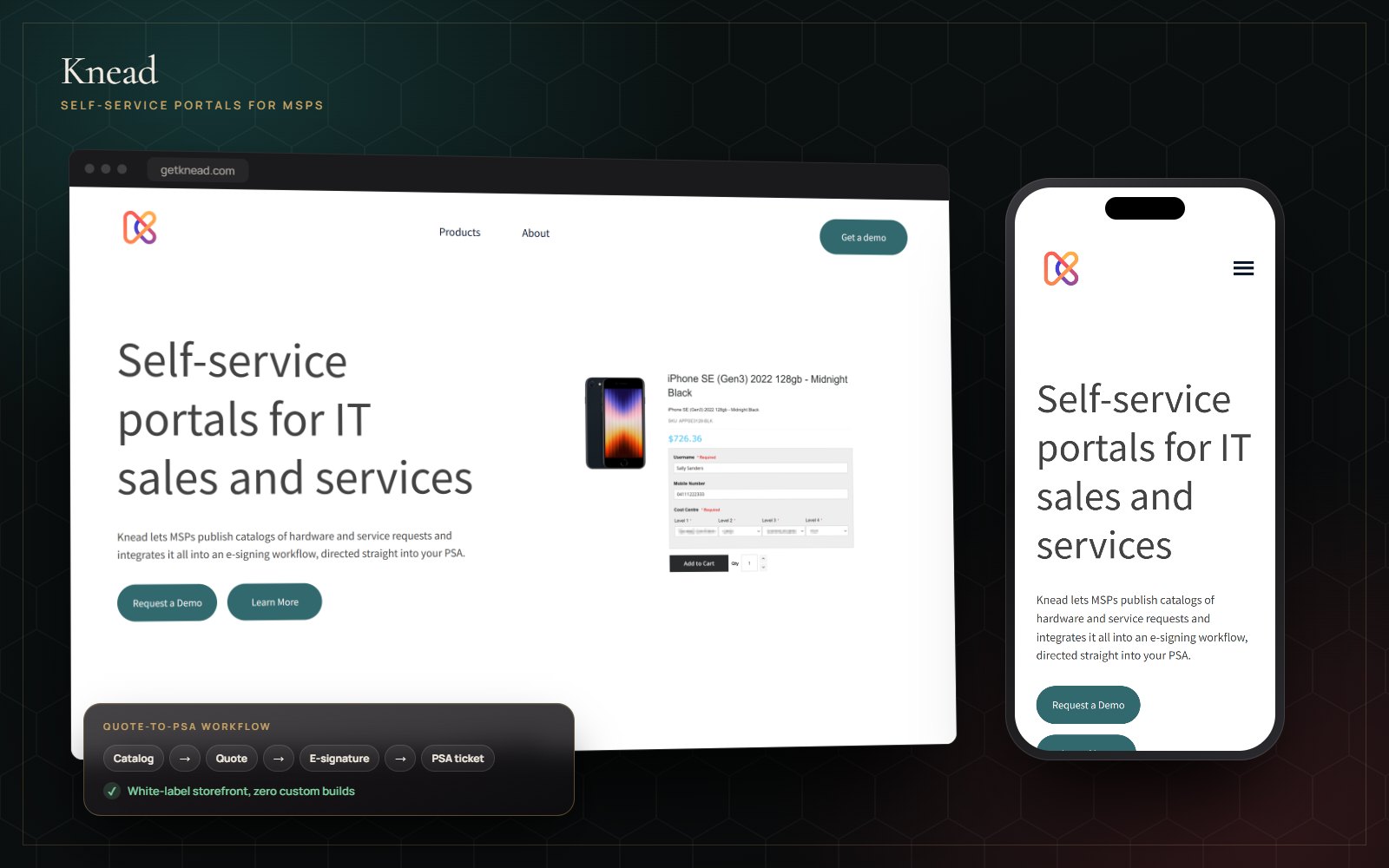Knead website on desktop and mobile: self-service portals for IT sales and services