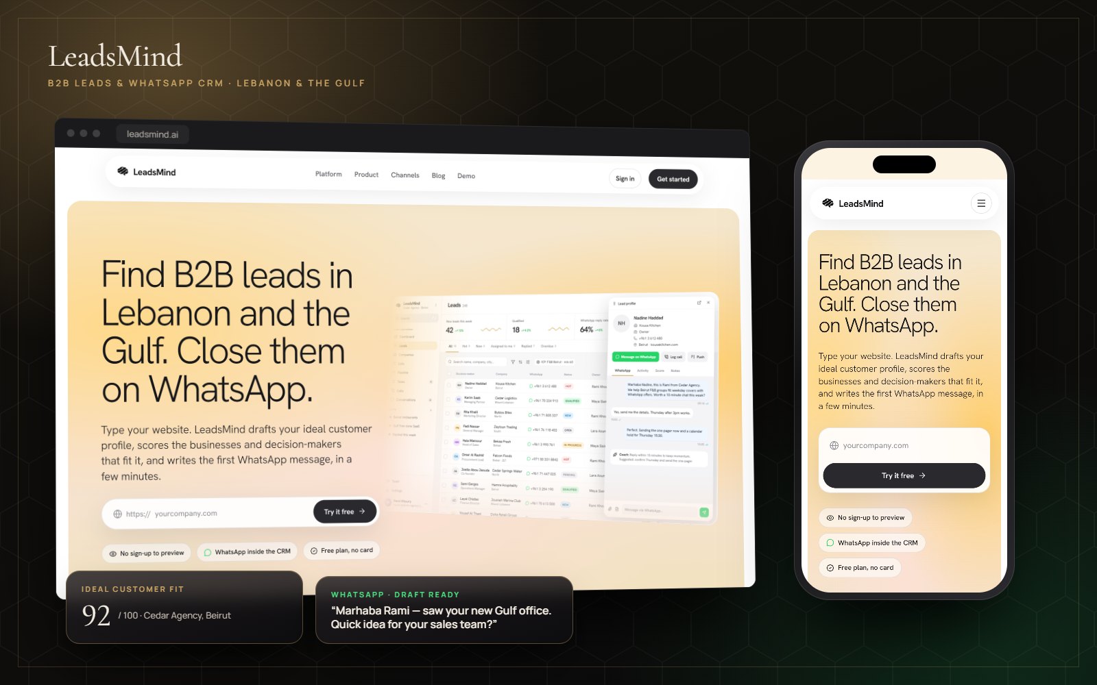 LeadsMind website on desktop and mobile: find B2B leads in Lebanon and the Gulf and close them on WhatsApp