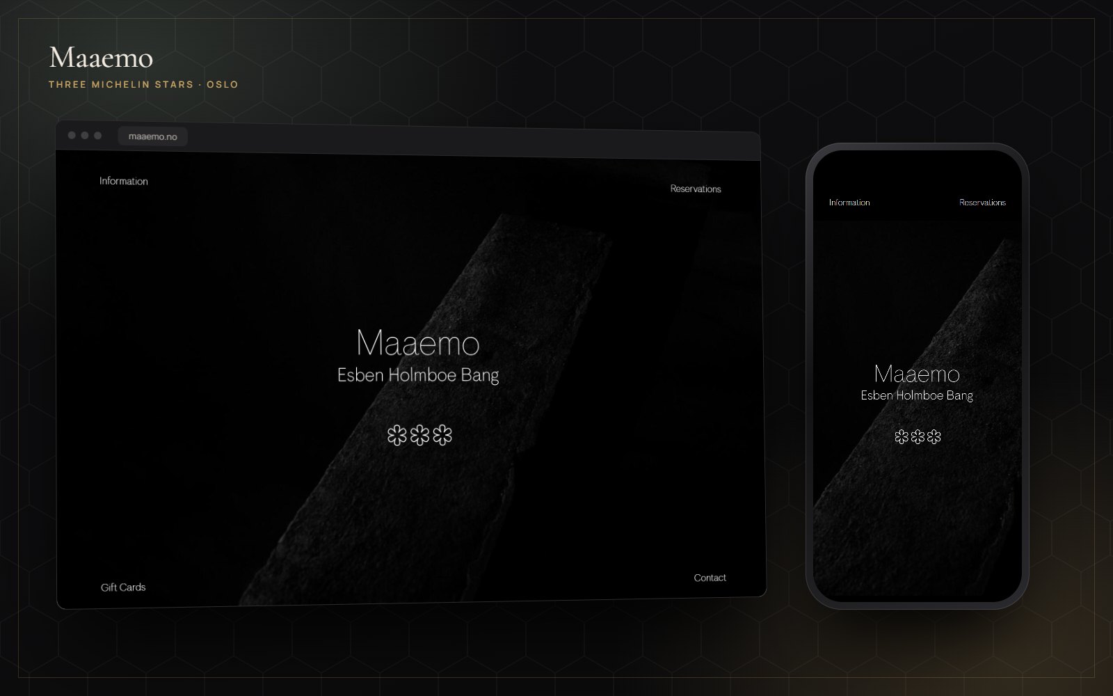 Maaemo website on desktop and mobile: a dark, minimal home page for chef Esben Holmboe Bang