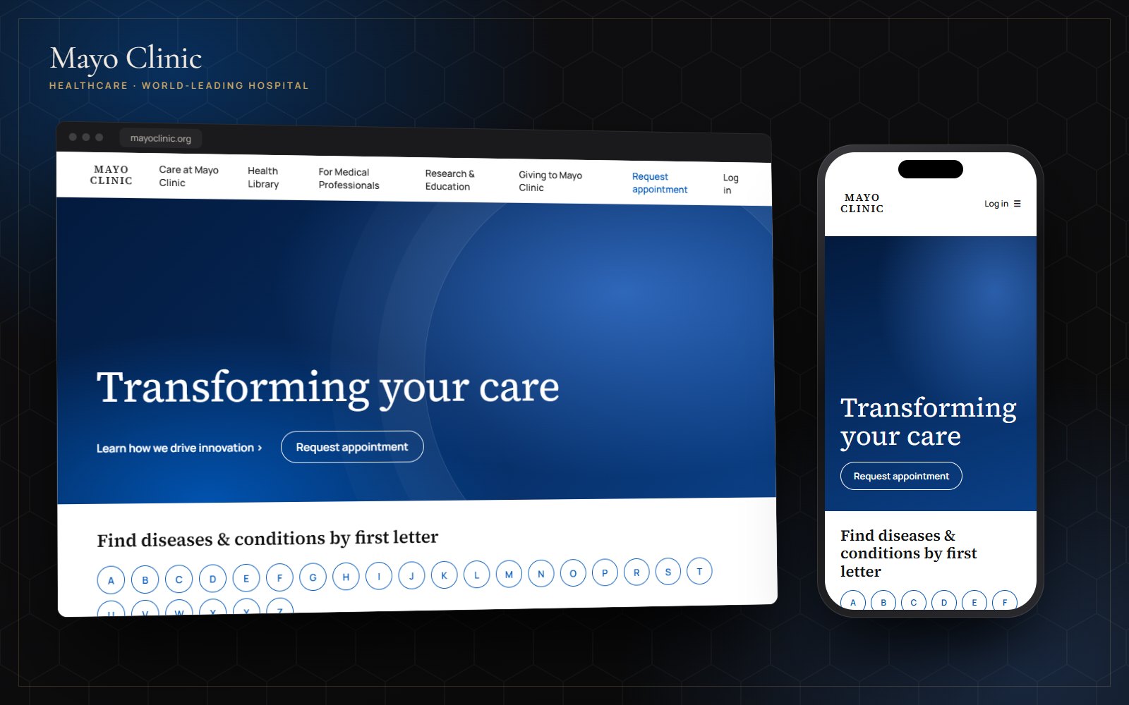 Mayo Clinic home page on desktop and mobile with the 'Transforming your care' hero and A to Z conditions finder