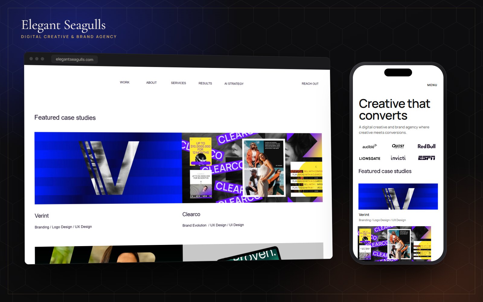 Elegant Seagulls website on desktop and mobile showing featured case studies for Verint and Clearco