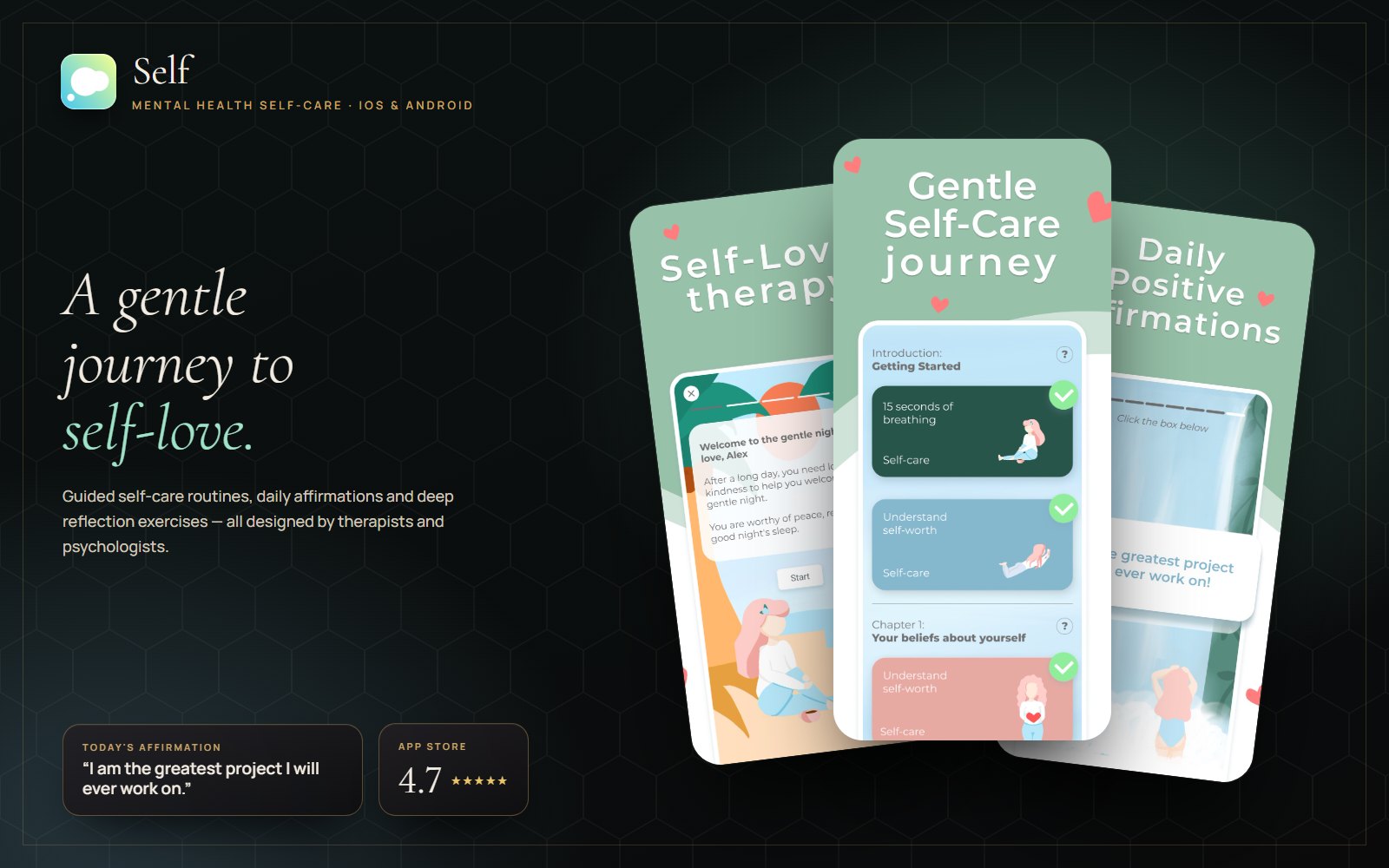 Self app screens: self-care journey, self-love therapy and daily affirmations beside the line 'A gentle journey to self-love'