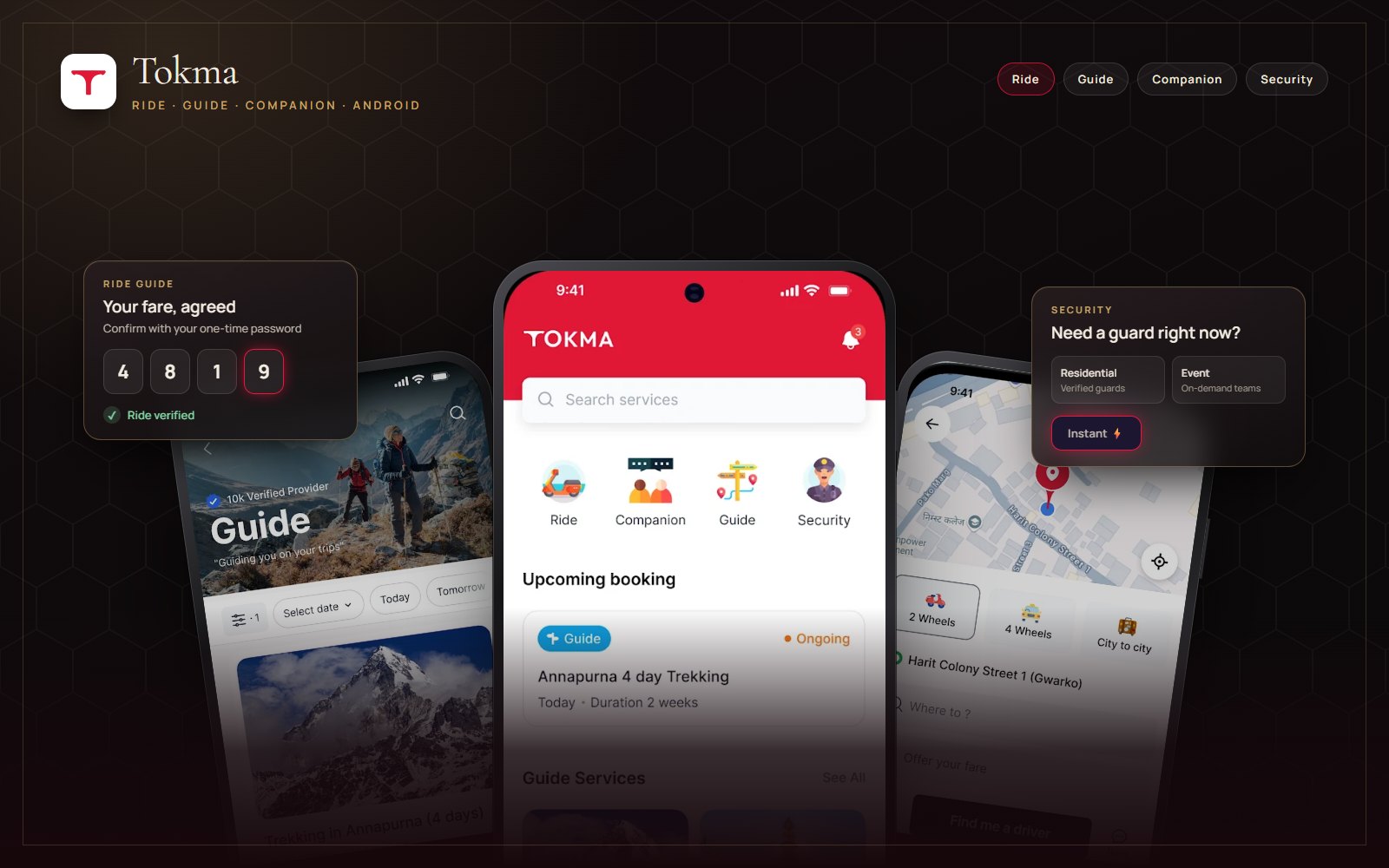 Tokma app screens: guided trekking, the home dashboard and ride booking on a map